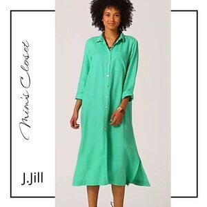 J. Jill Love Linen Ocean Green Button Down 3/4 Sleeve A-Line Shirt Dress SZ M